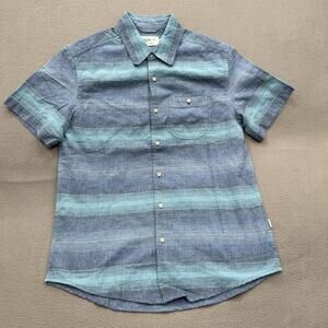 Wellen Shirt Mens Small Blue Striped Organic Cotton Hemp Short Sleeve Button Up